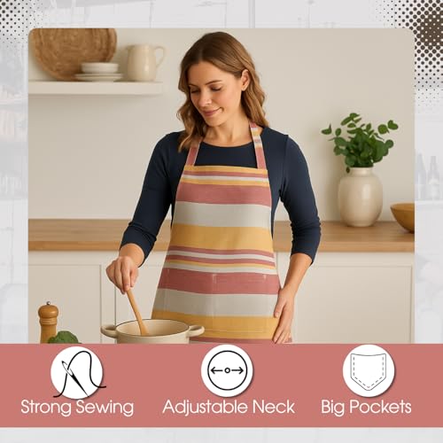 Image of Unisex Cooking Aprons | Waterproof Apron | Striped Design with 2 Front Pockets & Adjustable Neck Strap | Durable, Oil & Stain Resistant | Chef Apron for Cooking