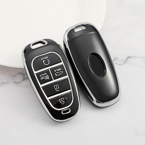 for Hyundai Key Fob Cover 5 Button Soft TPU with Leather Keychain 360 Degree Protection Car Key Case Shell Holder Fits for 2023 2022 2021 2020 Hyundai Sonata Santa fe Tucson, B Black - Image 4