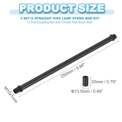 Image of PATIKIL Straight Pipe Lamp Stems Rod Kit, 4Set M10 Carbon Steel 250mm(9.84 inch) Long Double End Thread Rod with Coupling Nuts Sleeve Connector for Table Lamps Chandeliers, Black