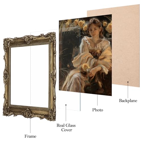 Image of eletecpro 8x8 Vintage Picture Frame with Real Glass Cover, Ornate Antique Photo Frame, Display 8x8 Picture for Tabletop or Wall Hanging, Gold Home Decor for Gallery Art