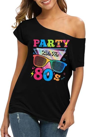 80s Outfit for Women 80's Retro Theme Party Shirts Vintage Disco Outfits 1980s Clothes 90s Neon Off Shoulder Tops
