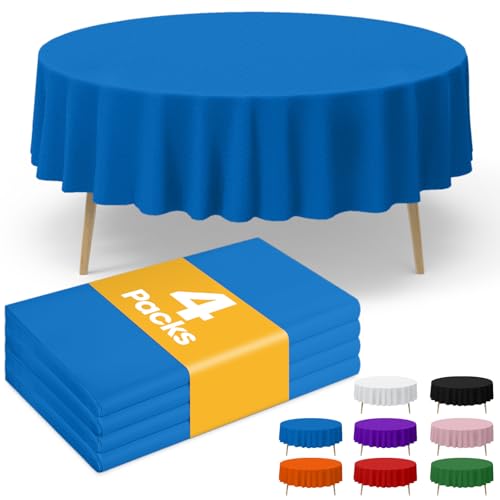 Image of Niuara Blue Plastic Table Cloth - 4 Pack 84 inch Round Disposable Tablecloths for Round Tables, Table Cover for Holiday Parties & Gatherings