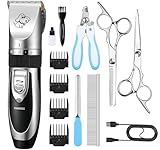Dog Clippers Professional Pet Grooming Kit, Cordless Rechargeable Pet Shaver Silent Dog Hair Trimmer with Scissors Comb for Dogs Cats Pets Silver