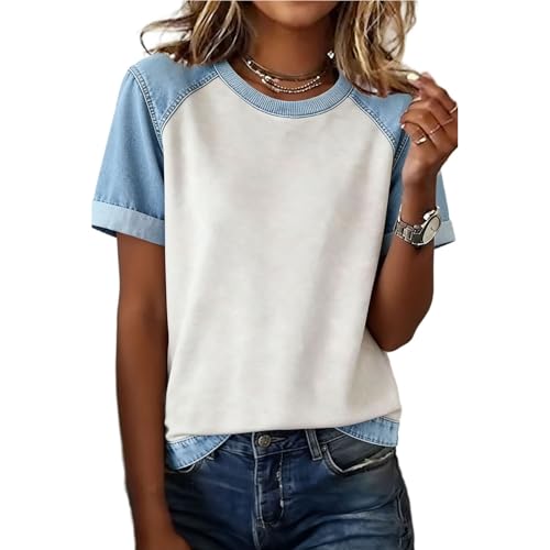 UHouse Bluse Damen Kurzarm T Shirt Sommer Blusenshirt Freizeit Jeansbluse Lässig Baseball Tshirt Rundhals Oberteile Mode Blusen Elegant Damenblusen Leichte Sweatshirt Kleidung Frauen Top Weiß M