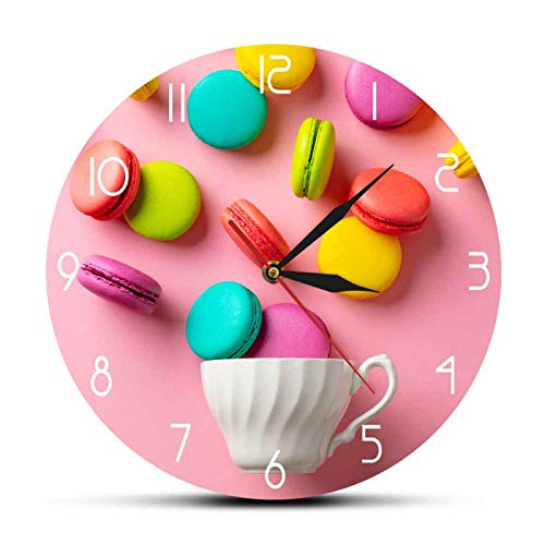 GVOZI Pendule Murale De 30 Cm Macaron Dessert Imprimé Acrylique Tenture Horloge avec Fond Rose Filles Chambre Décor Mur Montre Sweet Food Design