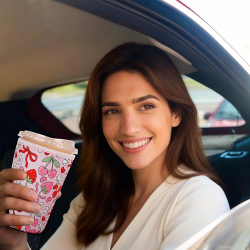 Image of Reusable Insulated Sleeve for Iced Coffee Cup, Coffee Neoprene Sleeve for Cold & Hot Drinks, Beverage Holder for Iced Coffee (Cherry Ribbons, Small: 16-18oz)