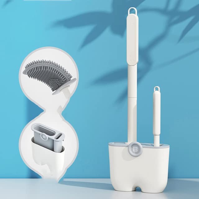 Scopino E Portascopino Per WC 2 In 1 - Setole In Silicone E Setole Piatte, Flessibili, Base Ventilata, Grigio Chiaro