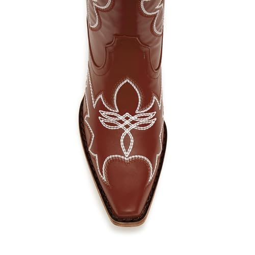 Image of Uillnoodu Women's Turquoise Cowgirl Boots - Wide Calf Mid Calf Western Boots Plus Size Embroidered Cowboy Style with Block Heel