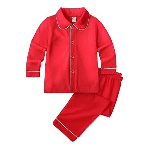 Kids Tales Girls Boys Button-Down Pajamas Set Toddler Christmas Sleepwear Red Long Sleeve Shirt Tops + Pants Nightwear PJS Cover