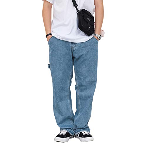 Men's Jeans Big Wide Pants Cotton Relaxed-Fit Carpenter Jean Denim Pants Hip Hop Blue