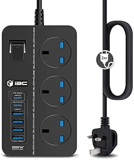 USB C Extension Lead iBlockCube with 6 USB Slots (2USBC+4USB) | 13A UK Surge Protected Power Strip Charging Station 2M/6.56FT Cable Fuse Protector & Shutter (Black-Grey)