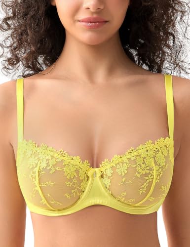 Image of Wingslove Women's Sexy Lace Bra Demi Sheer Mesh Balconette See Through Bralette Unlined Underwire Embroidered