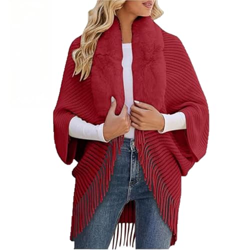 Chal de punto de invierno con flecos de piel gruesa, chal suelto para mujer, chal suelto grueso, rojo vino, Talla única