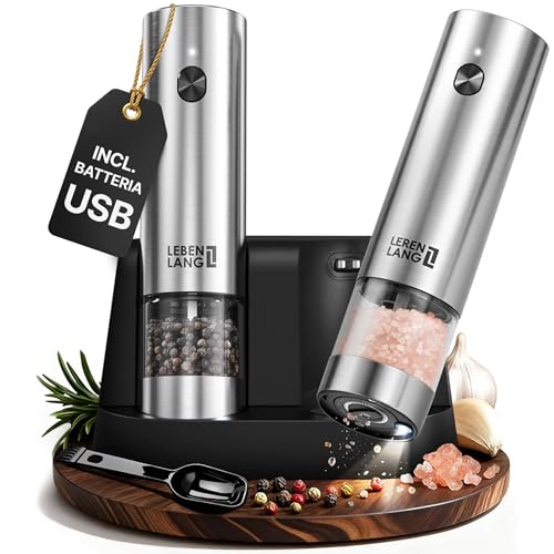 LEBENLANG Macina Sale E Pepe Elettrico Ricaricabile - Acciaio Inox, Base Di Ricarica Verticale & LED I Macina Spezie Elettrico Professionale Macinio Saliera Macine Trita Porta Sale E Pepe