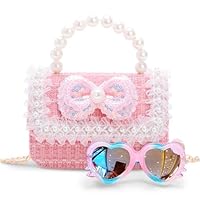 Toddler Purse for Girls, Kids Purse with Pearl Bow, Little Girl Purses with Sunglasses, Gift for 3-12 Year Old Birthday Gift, Princess Handbags, Crossbody Bag for Girl (Pink)