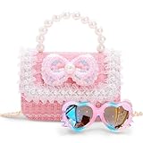 Toddler Purse for Girls, Kids Purse with Pearl Bow, Little Girl Purses with Sunglasses, Gift for 3-12 Year Old Birthday Gift, Princess Handbags, Crossbody Bag for Girl (Pink)