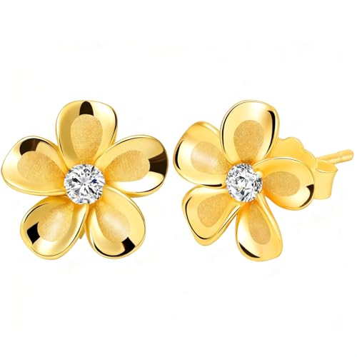 NAITIAY 925 Sterling Silver Plumeria Flower Stud Earrings for Women Cubic Zirconia Crystal Flower Stud Earrings for Women Dainty Fashion Mirror Like Sheen and Matte Finish Combination Hypoallergenic Daisy Earring Minimalist Jewelry