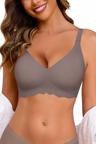 HORISUN T Shirt Bra Comfort Full Coverage Padded No Show Bras for Women Wirefree(Coffee L)