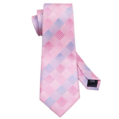 Image of Barry.Wang Plaid Ties Check Mens Necktie Set with Handkerchief Cufflinks Classic Stripe