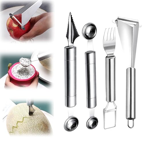 Melonenausstecher Kugeln Set 4-teiliges Obst Schneider Set mit Kugelausstecher und Buntmesser für Wellenschnitt Ideal für Melonen Kiwis und Gemüse Küchenhelfer für Früchte und Salate