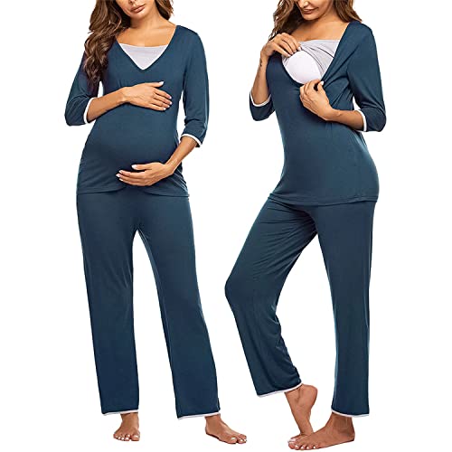AIRMOOD Ensemble De Pyjama D'allaitement Pour Femmes, Chemise De Nuit En Coton À Manches Longues Et Col En V, Vêtements De Nuit D'allaitement Pour L'hôpital,Navy blue,L Cover