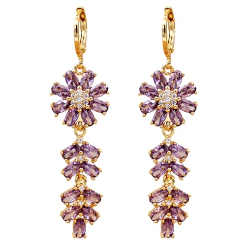 Vuskdtei18K Gold Plated Big Purple Amethyst Flower Dangle Earrings for Women, Hypoallergenic Cubic Zirconia, Elegant Chandelier Drop Earrings, Statement Jewelry Gifts Fashion (Flower-Purple)
