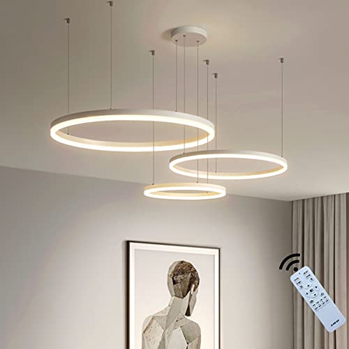 モダンな3リングシャンデリアLEDペンダントライトはリモコン3色の金属鉛照明ランプ天井照明器具