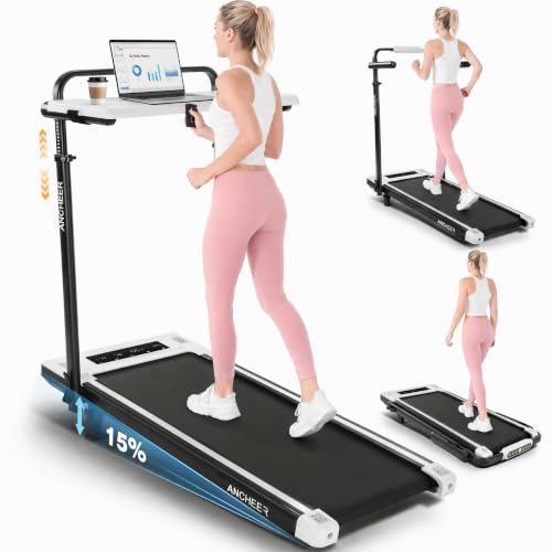 Image of Height-Adjustable Desk Treadmill with 15% Incline for Home Office Workout | 8 in 1 Folding Treadmill 450lbs Weight Capacity, 3.5HP Quiet Portable Treadmill with Desk, 3 Type Control, Ready to Use