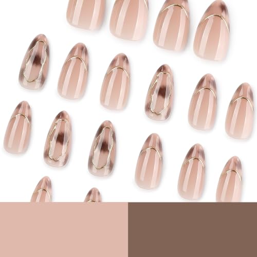 Image of Tortoiseshell Print Press on Nails French Tip Fake Nails Ombre False Nail | 3D Gold Line Nail Press ons Medium Almond Stick on Nails Glossy Reusable Full Cover Daily Manicure 24Pcs for Women
