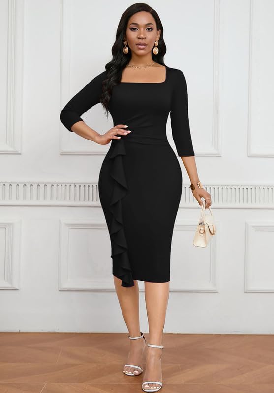 Womens Work Dresses Elegant Square Neck 3/4 Sleeve High Waist Bodycon Ruffle Vintage Church Pencil Midi Dress - Image 4