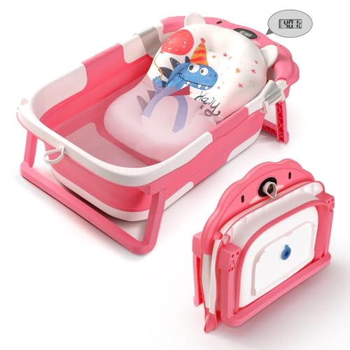 Image of Baby Bathtub,Collapsible Baby Bath Tub with Thermometer & Soft Floating Cushion,Portable Travel Baby Bathtubs for Newborns to Toddlers 0-36 Months(Bear Pink)