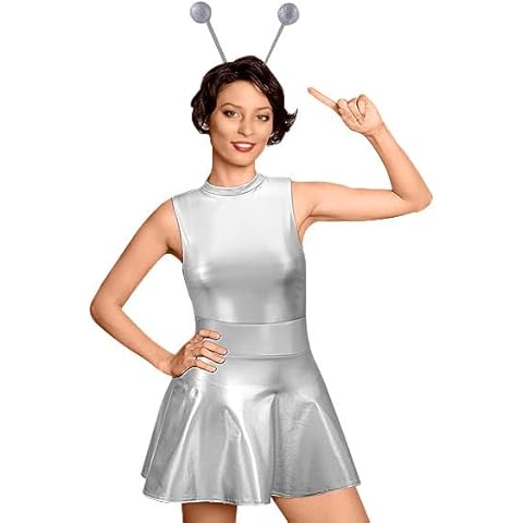 BabyMars Alien Costume Women Metallic Vest and Pleated Skirt With Headpiece Space Role Halloween Cosplay Dress Womens Alien Costume (Silver,M) Cover