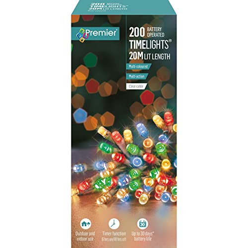 Image of Premier 200 Timelights Battery Operated 20m Clear Cable Multi Action String Lights - Multi-Coloured