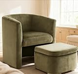 COLAMY Velvet Morden Living Room Chair with Storage Ottoman, Barrel Accent Chair with Lounge Seat for Bedroom/Reading Spaces, Green