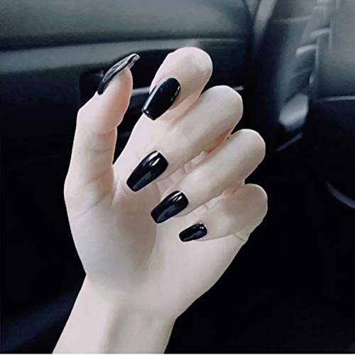 Umillars 24pcs Solid Colors Glossy Acrylic Coffin False Nails Full Cover Ballerinal Fake Nails Tips Natural Medium False Nails for Ballerina Cosplay Office Lady Nail Art (Black)