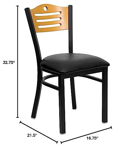 Image of Flash Furniture 2 Pack HERCULES Series Black Slat Back Metal Restaurant Chair - Natural Wood Back, Black Vinyl Seat