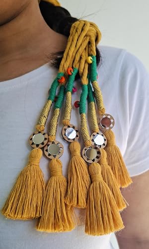 Image of Zippy Flora Handmade Boho Parandi / Paranda Traditional Hair Accessory for Women & Girls | Ethnic Braided Hair Tassels, Choti Hair Extension, Decorative Braid Jewelry for Festive & Wedding Hairstyles (Neelima Mustard)
