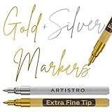 ARTISTRO 2 Gold & Silver Metallic Acrylic Paint Pens for Rock, Ceramic, Wood, Glass, Metal, Fabric, Plastic - 0.7mm Extra-Fine Tip Paint Markers - Ideal for Scrapbooking, DIY Crafts & Art Projects