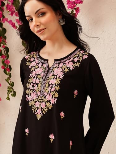 Image of QAZMI Women's Bahar Kashmiri Zari Resham Work Viscose Rayon Full Sleeves A-Line Short Kurti