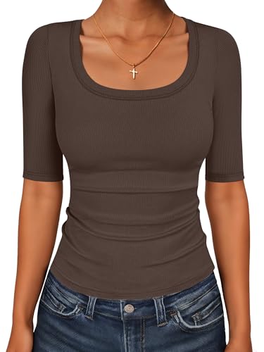 ANRABESS Womens Half Sleeve Tops Scoop Neck Ribbed Knit Slim