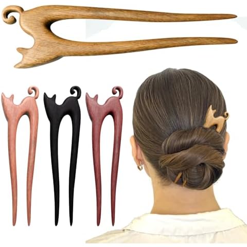 Wooden Hair Stick Set with Cat Design Cover