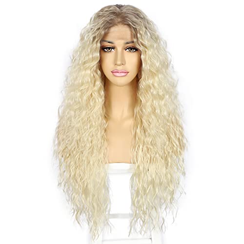 Sapphirewigs Curly Lace Front Wig 613 Blonde Curly Synthetic Wigs for Women 13x3 Daily Wear Party Christmas Halloween Heat Resistant 26 inch
