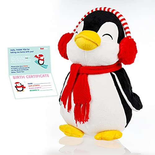 InFLOATables Stuffed Penguin - 12 Inch Penguin - Cute Plush Penguin with Scarf and Knitted Earmuffs - Personalize It with Customizable Birth Certificate - Stuffed Ocean Animals - Kids Birthday Gift