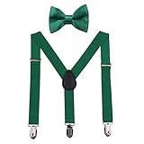 GUCHOL Child Kids Suspenders Bow Tie for Boys and Girls Adjustable Elastic Classic Accessory Sets Age 1 to 13 Year (Green, 33 INCH (6-13 Year))