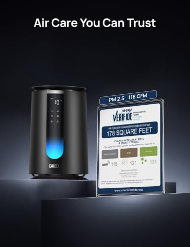 Image of DREO Smart Air Purifier for Home, AHAM VERIFIDE Air Cleaner for Bedroom, Pets, Smoke, Dust, Pollen & Odors, Wi-Fi /Voice /Alexa, PM2.5 Monitor, Auto, Turbo, HEPA Sleep Mode, DR-HAP008S Black (Dreo 338S)