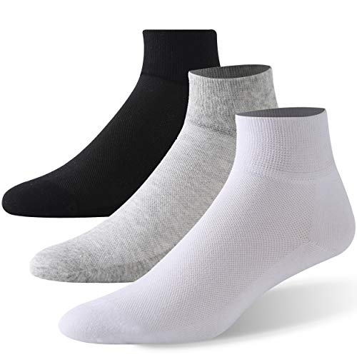Forcool Diabetic Socks, Men's Women's Non Binding Loose Top Diabetic Socks Wide Ankle Low Cut Cotton Diabetes Edema Socks Socks with Seamless Toe, 3 Pairs Black/Gray/White Large