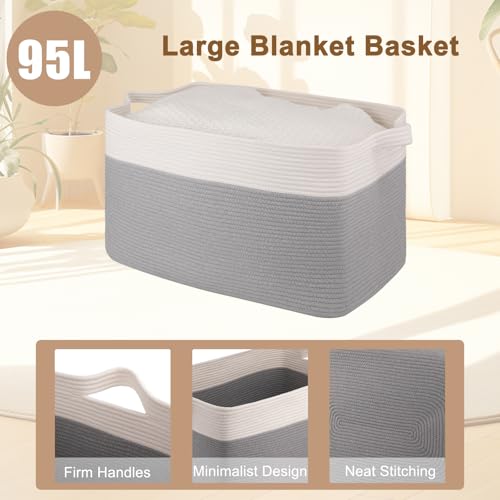 Image of OIAHOMY Extra Large Blanket Basket, 95L Cotton Rope Woven Laundry Basket, Toy Bin for Baby Room, Container for Blanket Storage in Living Room, 24''x17''x14'', Grey & White