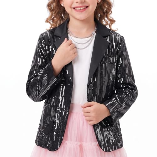 WELAKEN Girls Sequin Blazers Jacket Long Sleeve Notched Lapel Button Down Suit Coat with Pockets