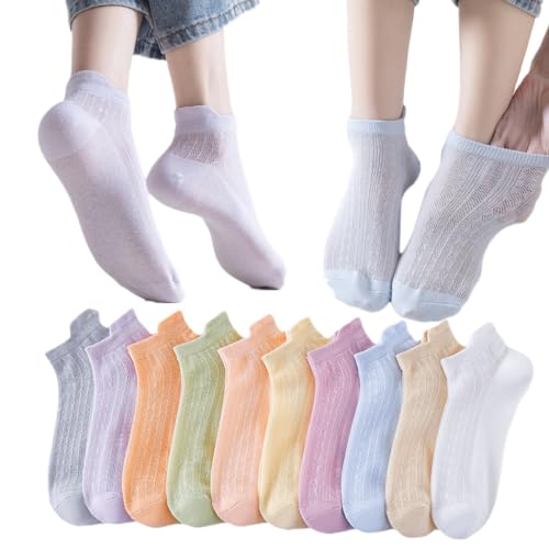 Image of 10 Pairs Candy-Colored Ladies' Short Tube Socks with Mesh, Thin, Breathable, Anti-odor Cotton Boat Socks