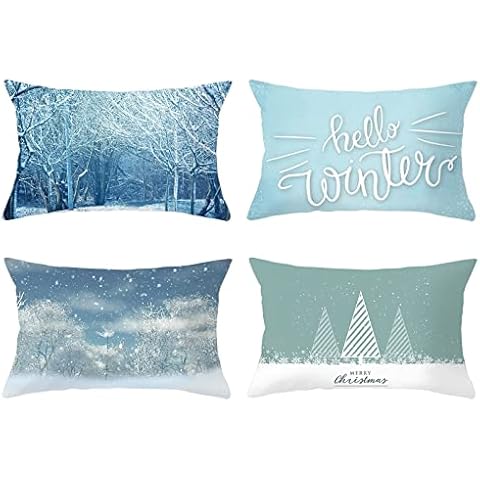 Hoisy Cushion Covers, Vintage Pillowcase Snow Scene Christmas Tree Hello Winter Blue White Size 30x50cm Cover